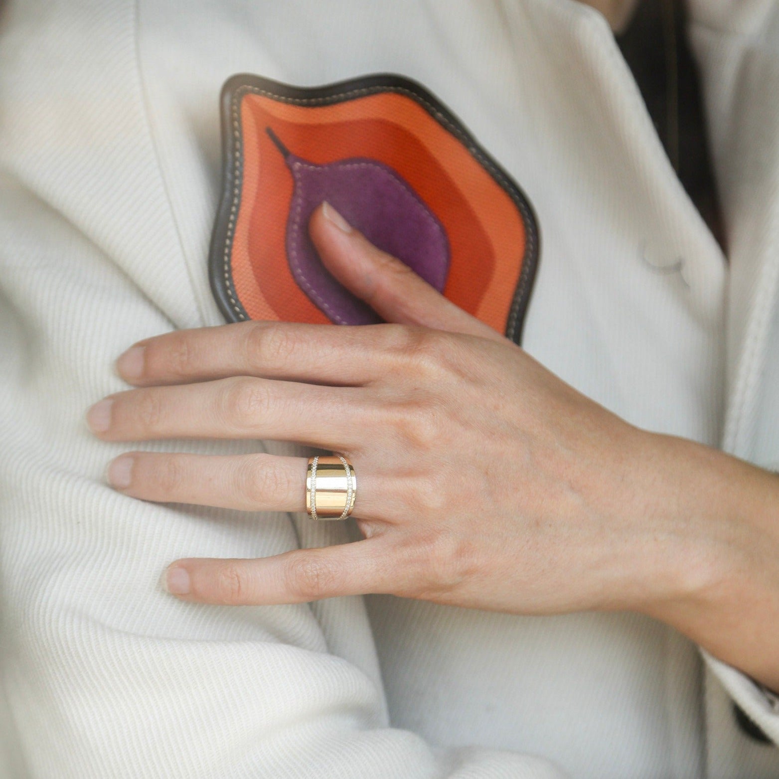 Cigar Band Ring with Double Line White Pavé Diamonds