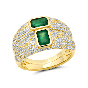 Double Thin Balloon Ring with Emeralds and White Pavé Diamonds