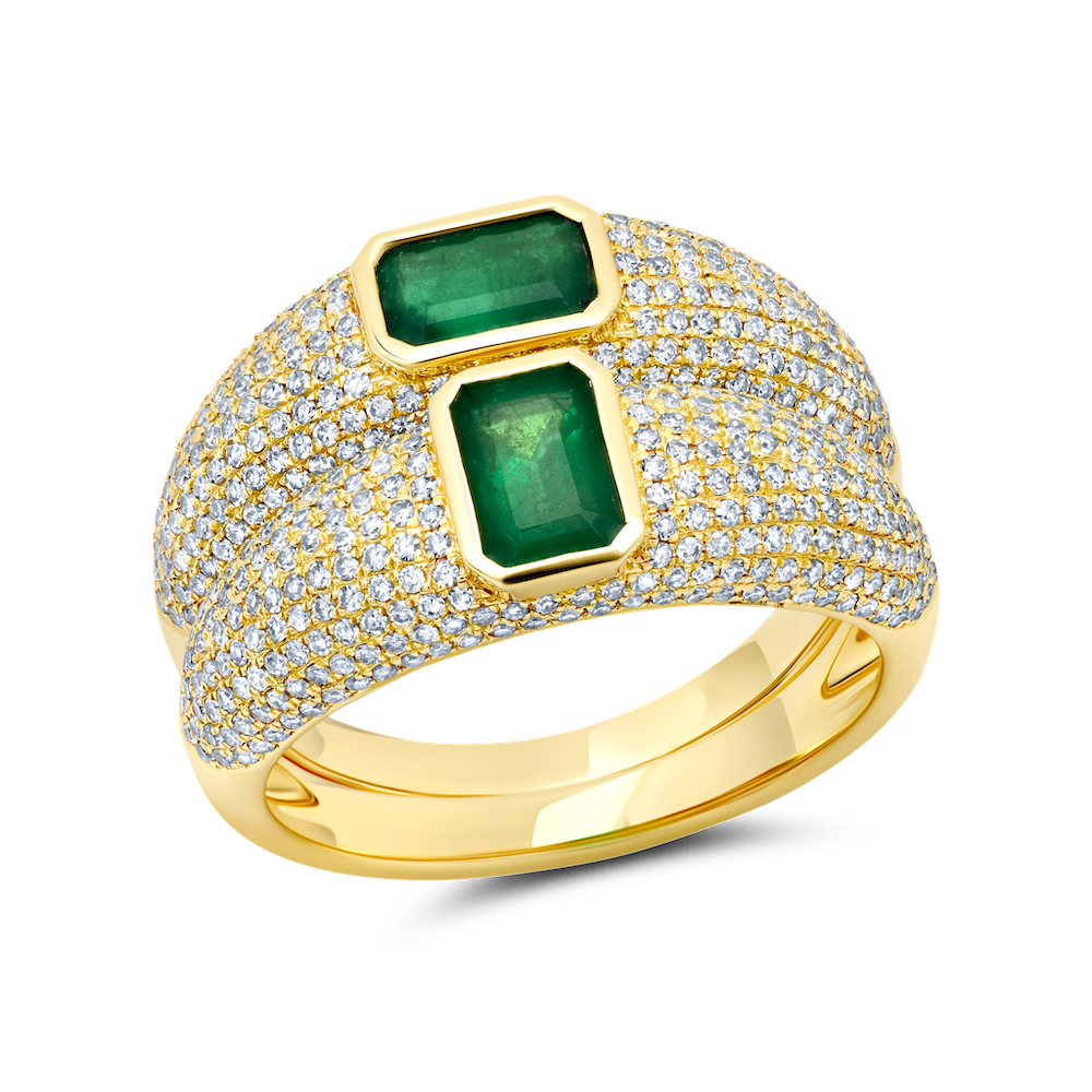 Double thin balloon ring in vermeil gold, adorned with emeralds and white pavé diamonds- Gabriela Artigas